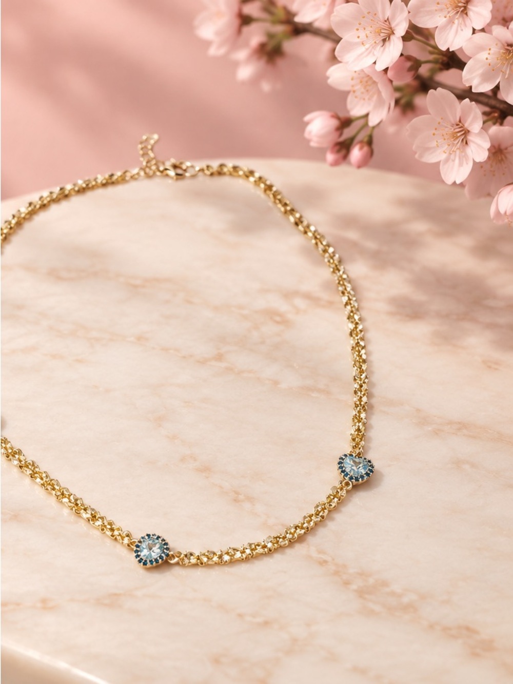 Gold Chain Necklace with Blue evil eye Gem Accents